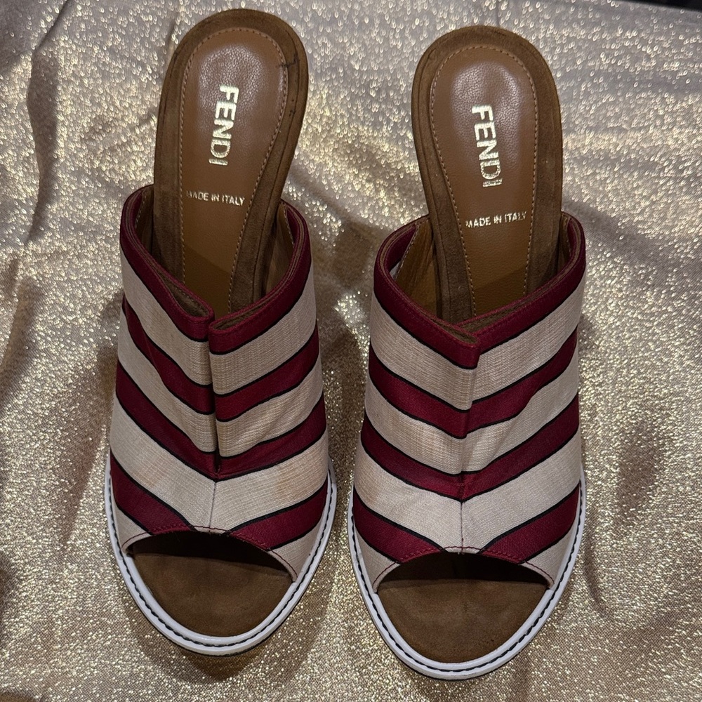 Fendi Red & Cream Striped Mules Size 38 - Picture 2 of 12